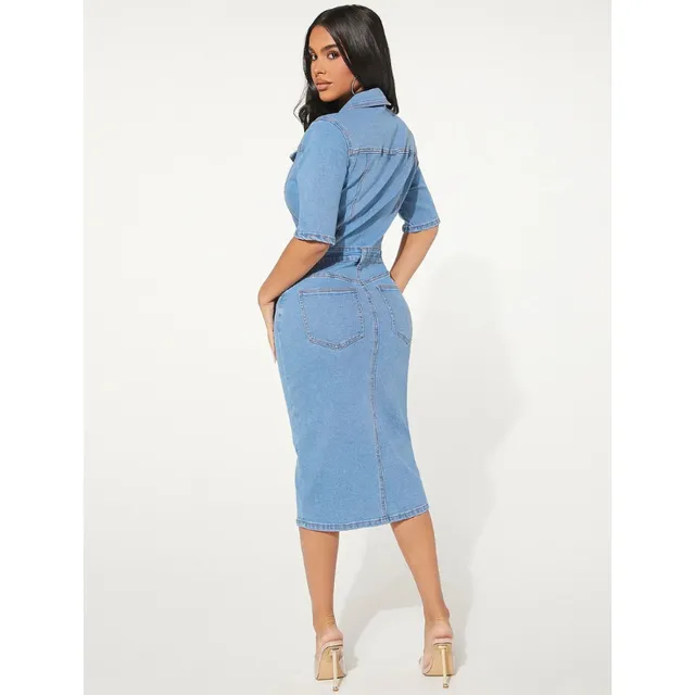 Rochie din denim albastru regal cu mâneci scurte, guler cu rever simplu, casual, pentru femei