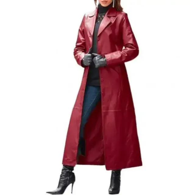 Women's long leatherette coat in red with long sleeves