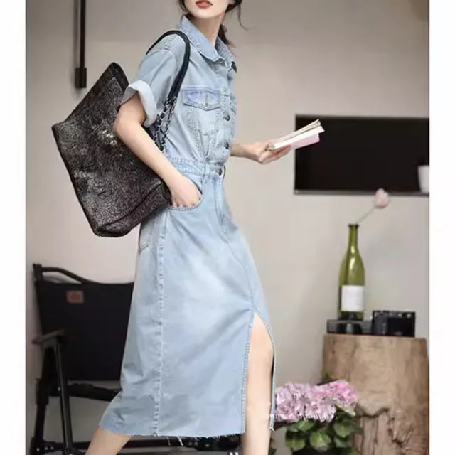 Royal blue denim dress with short sleeves, single-breasted lapel collar, casual, women's