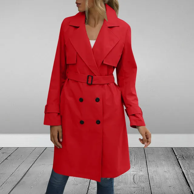 Women's long trench coat with double-breasted fastening - autumn/winter, belt included