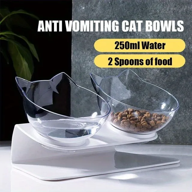 Increased double bowls for cats with 15 degree holder for neck protection and anti-vomiting