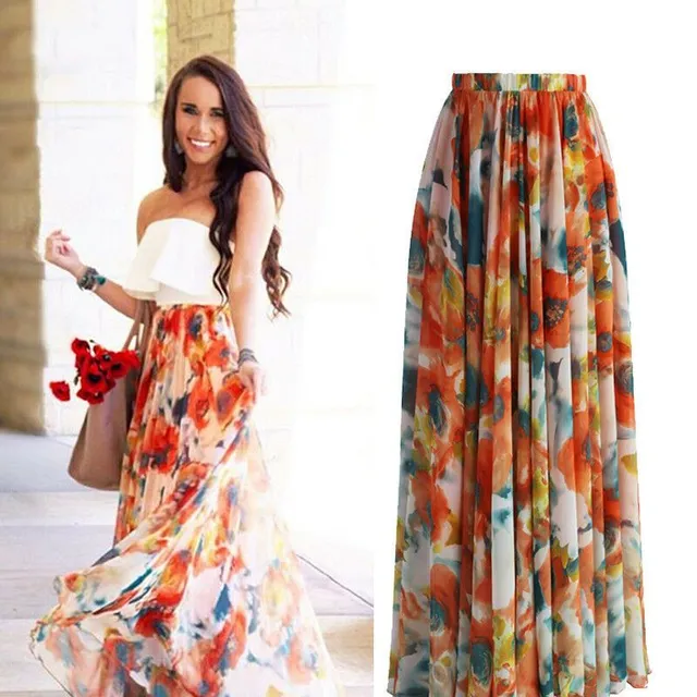 Women's Long Skirt with Flowers Blue S