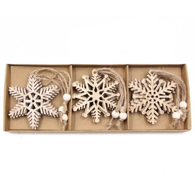 Wooden Christmas snowflakes for tree 12 pcs