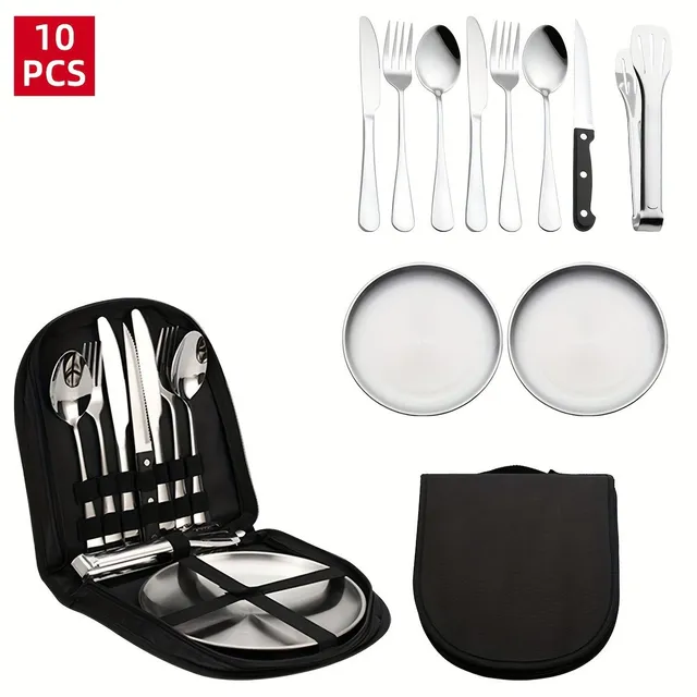 10 piece set of portable stainless steel for outdoor camping and picnic
