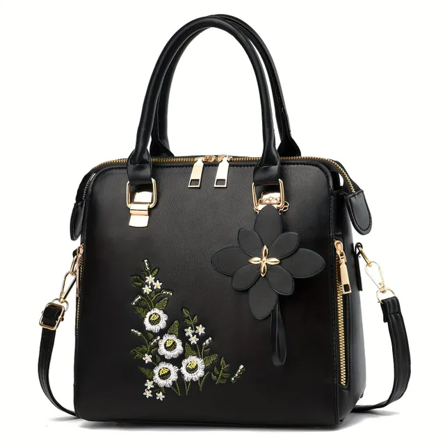 Geantă de damă - Tip crossbody, cu model floral brodat, breloc (2 în 1)