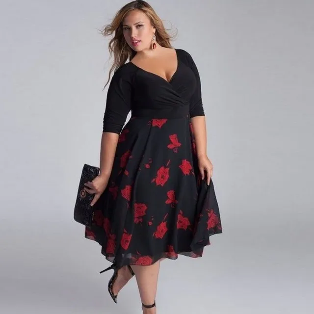 Plus size dress with red flowers Clorinda