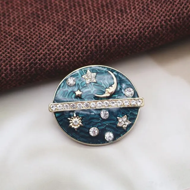 Retro Milky Way Stars and Moon Helios Badge Round Oil Drop Diamond Pearl Brooch