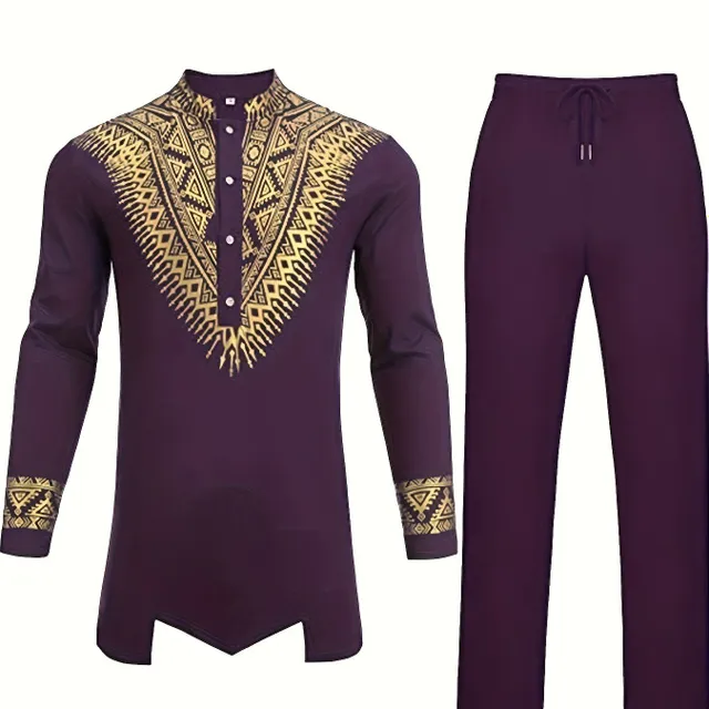 Mužský plus size africký dvoudílný komplet - metalický tradiční oblek s květinovým potiskem, košile Dashiki a kalhoty