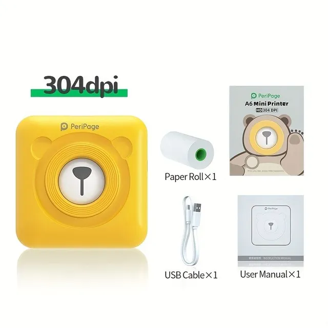 Imprimantă termică de buzunar PeriPage A6 Mini - wireless, pentru etichete, autocolante, notițe și fotografii cu conexiune BT și USB, rezoluție 304 DPI