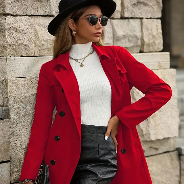 Women's long trench coat with double-breasted fastening - autumn/winter, belt included