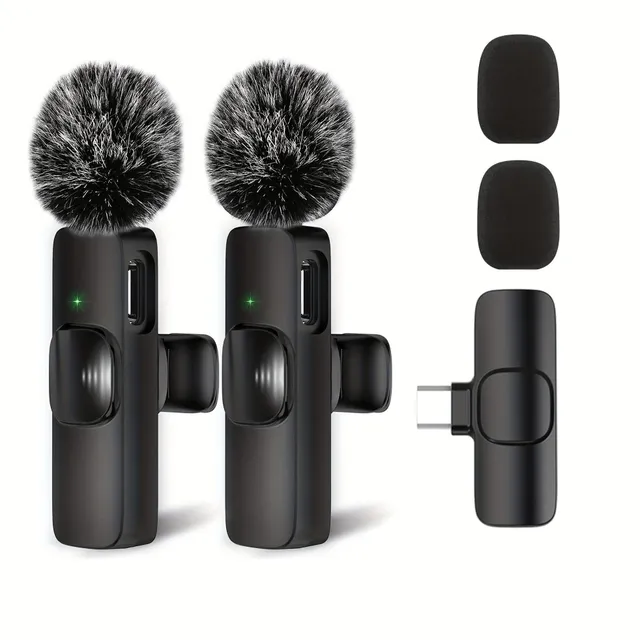 Microfon wireless îmbunătățit pentru telefon/cameră Android, reducere zgomot, 2 seturi cu husă de spumă anti-zgomot de schimb, microfon mini clip