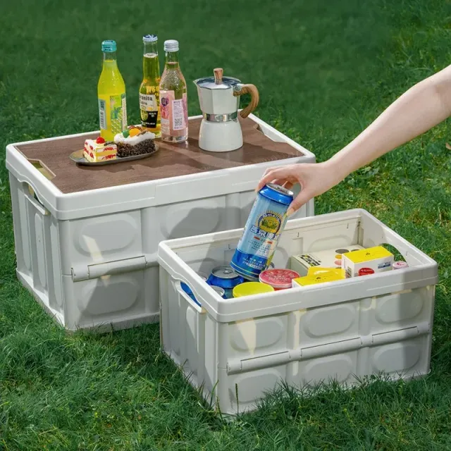 Folding camping box with wooden lid