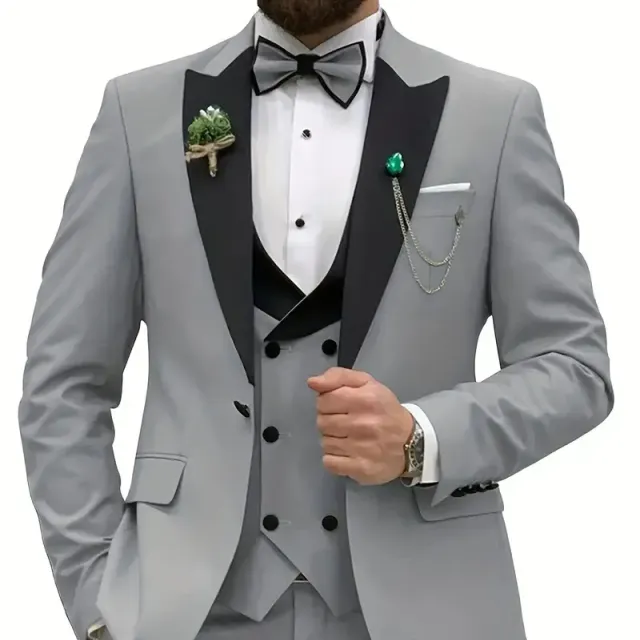 Mužský oblek Slim Fit s dvojitým zapínáním, kravatou, vestou a kalhotami - pro svatby, plesy, obchodní příležitosti [doplňky nejsou součástí]