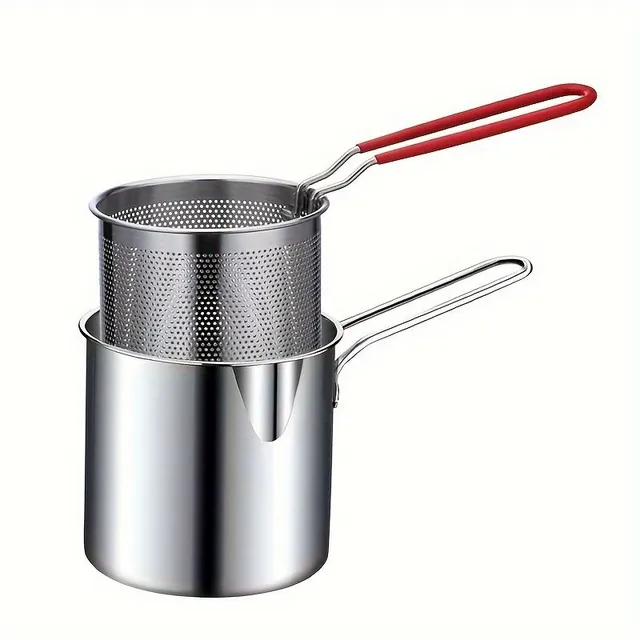 Mini fryer made of stainless steel 1,2 L with handle and basket on the sieve, kitchen tool