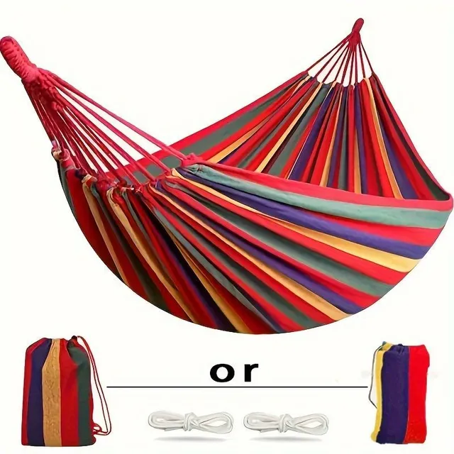 Colour striped outdoor hammock with reinforced curtain and rope