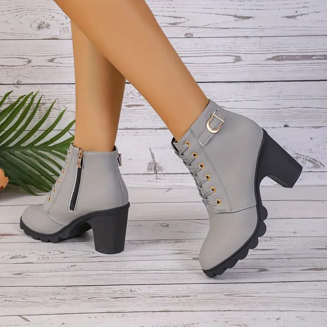 Damen Ankle Boots mit robustem Absatz, Schnalle und seitlichem Reißverschluss (hohe Absätze)