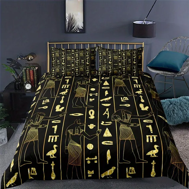 Egyptské mýty: Faraónova posteľ s hieroglyfickou potlačou - sada listov pre perinu, tradičné mytologické posteľné plachty pre spálňu alebo vysokú školu