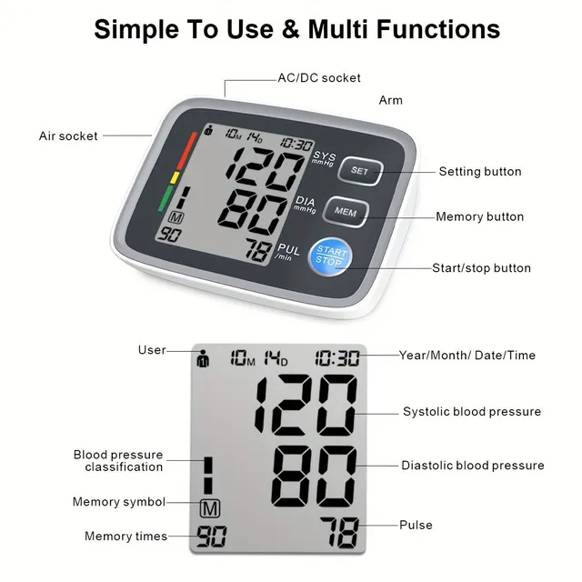 1pc Automatic arm pressure meter with digital display and adjustable cuff for home use (Batteries not included)