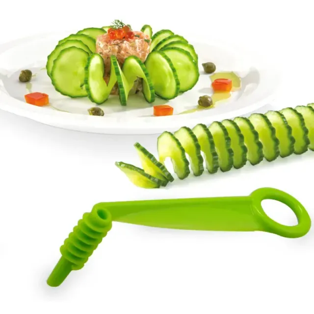 Practical kitchen helper for creating spirals from pickles and other vegetables - green color