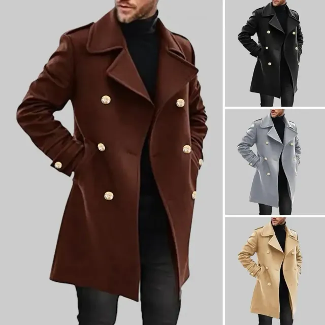 Men's formal coat - two-row mid-length trench with collar to neck, monochrome