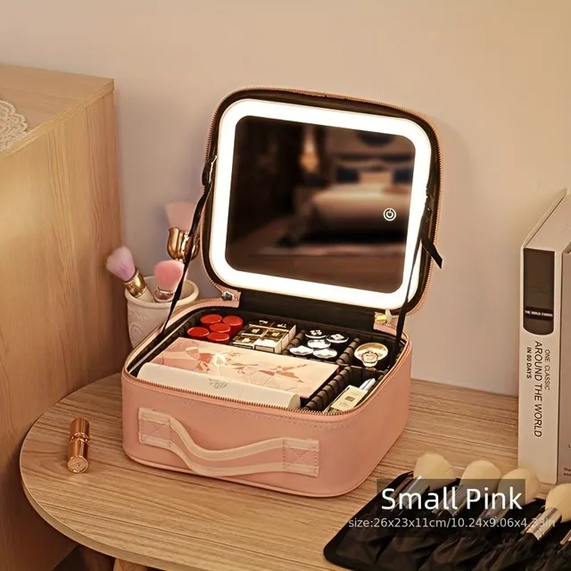 Cestovní Pouzdro Na Make-up Se Zrcadlem LED Světlem 3 Nastavitelný Jas Kosmetická Taška Přenosné Úložiště Nastavitelná Přepážka Vodotěsné Štětce Na Make-up Organizér Na Šperky Dárek Pro Ženy
