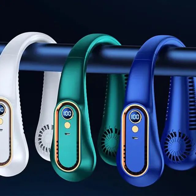 Portable flip-flop-free neck fan with digital display and USB charging
