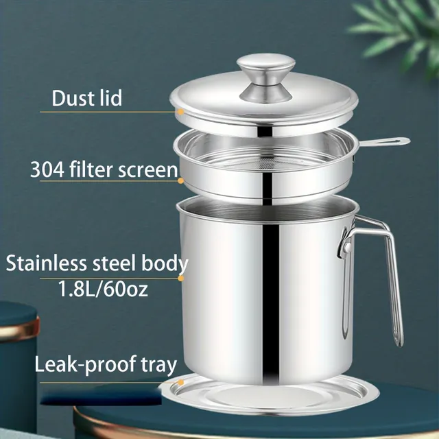 Stainless steel oil filter with a capacity of 1.8 liters - Bacon fat container with filter, lid and network filters, Repeatedly usable kitchen oil
