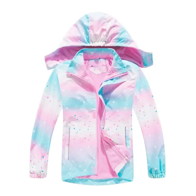 Girl rain jacket with hood and camouflage in rainbow colors - Waterproof and light baby jacket with removable hood and fleece lining