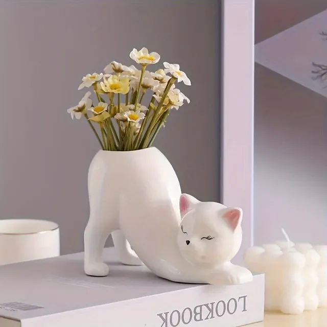 Cute cat vase made of pitch, classic decorative figure, 13.97 x 7.62 x 9.91 cm, table floral decoration