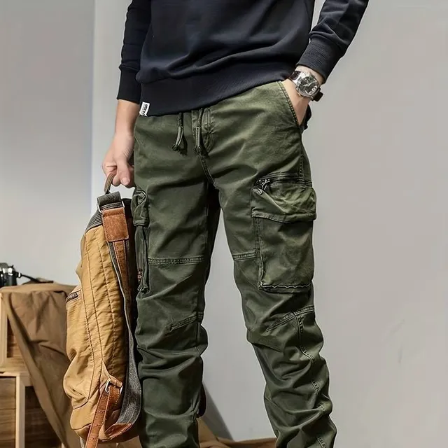 Trendy pánské cargo kalhoty z bavlny, více kapes, volné, outdoorové, pracovní, streetwear