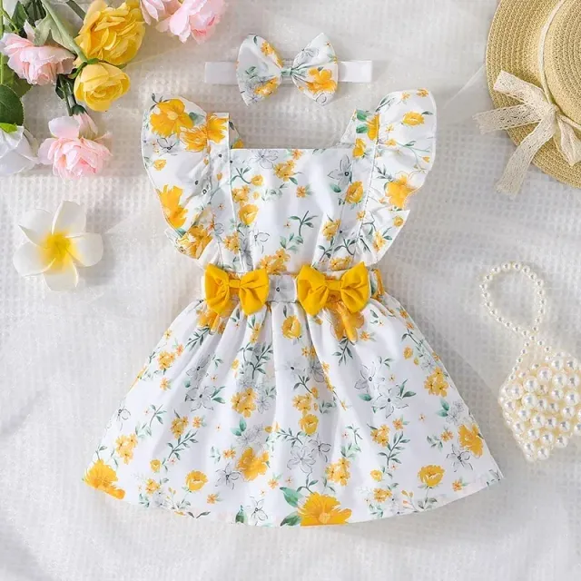 Baby dress for newborns with butterfly sleeves and yellow flower pattern