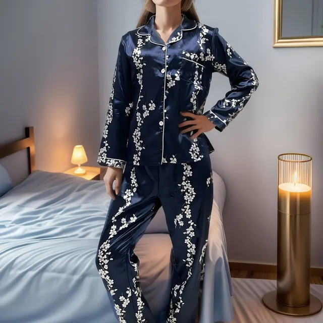 Pijamale pentru femei cu model floral, pantaloni cu talie elastică și bluză cu nasturi și mâneci lungi