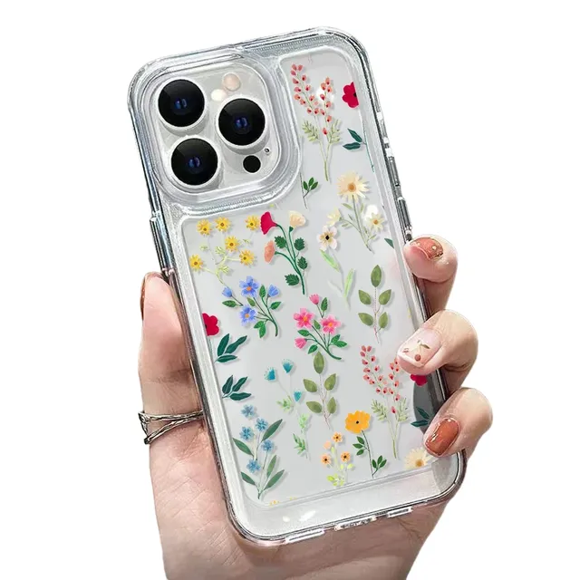 Transparent protective cover for iPhone 15 Plus, colourful meadow flowers