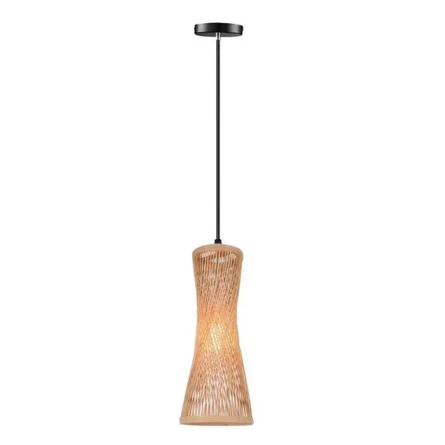 Lustr suspendat din ratan, realizat manual - Lampă de lemn cu cablu suspendat negru de 120 cm, lustru natural în stil modern 42 x 17 cm