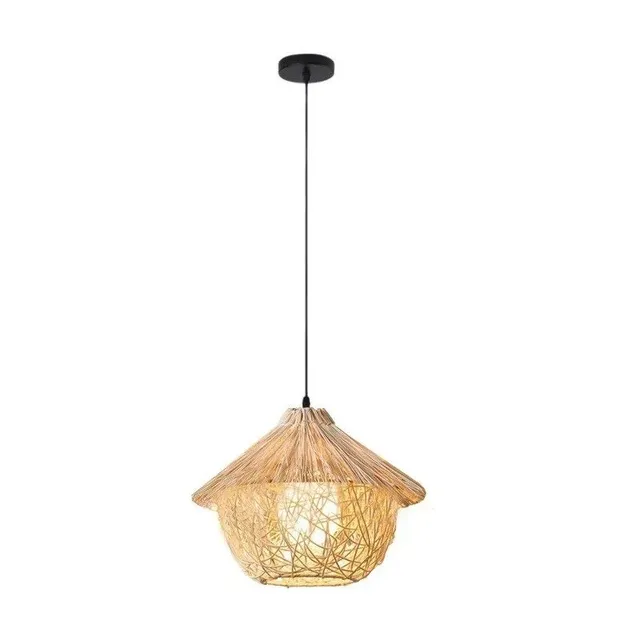 Suspension en rotin fait main - Lustre naturel de style scandinave avec lampe en bois et fil noir réglable 120 cm 29,5 x 22 cm