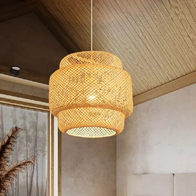 Handmade bamboo hanging chandelier Hinged ceiling chandelier Light bulb E27 Hand-woven lamp with white hanging wire and wooden ceiling plate 30 x 35 cm