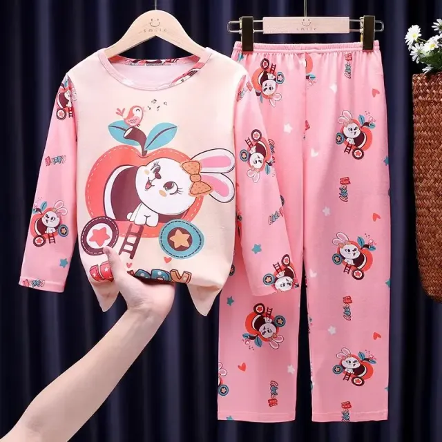 Girls' pajamas with cartoon pattern, round neckline and long sleeve