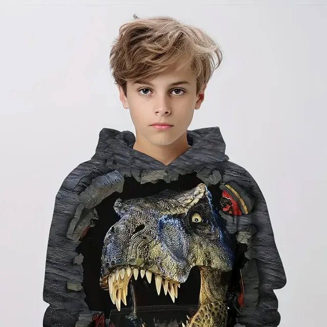 Sweat à capuche 3D pour enfants avec motif dinosaure - manches longues tendance, vêtements pour garçons pour le printemps, l'automne et l'hiver