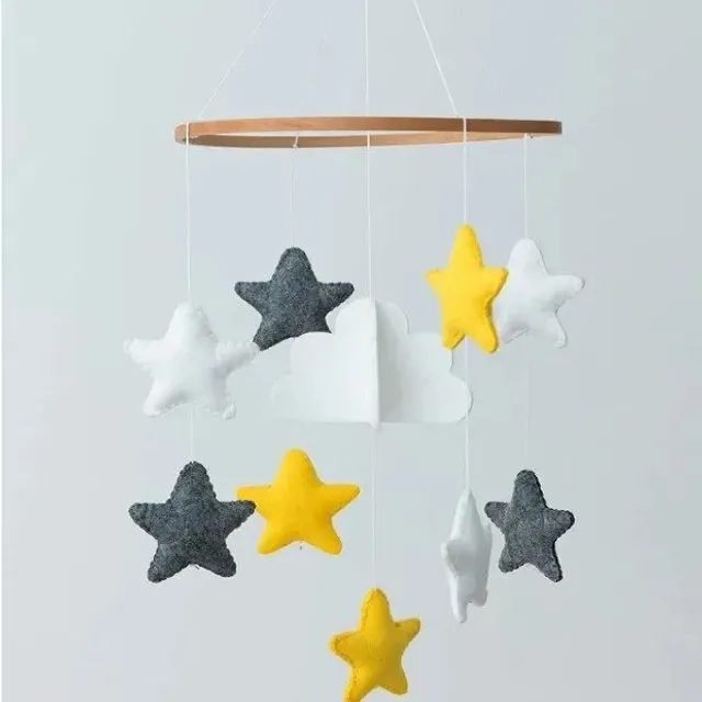Wooden children's rattle with soft felt motif teddy bear, cloud, stars and moons