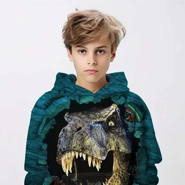 Sweat à capuche 3D pour enfants avec motif dinosaure - manches longues tendance, vêtements pour garçons pour le printemps, l'automne et l'hiver