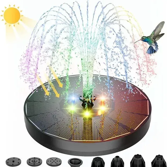Solární fontána s LED světly pro ptačí koupel, jezírko a nádrž