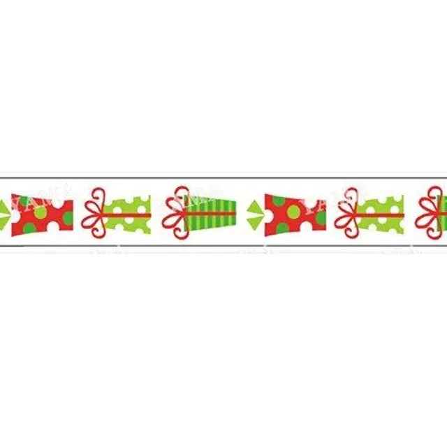 Vianočné stuhy vyrobené z tkaniny so zrnkom s vianočnou obľúbenou potlačou na darčekových baleniach