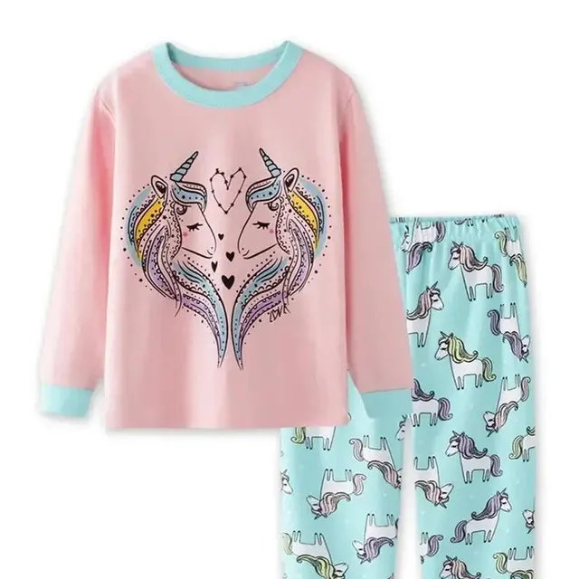 Girls' pajamas with unicorns, long sleeve and long pants, homemade clothes, set