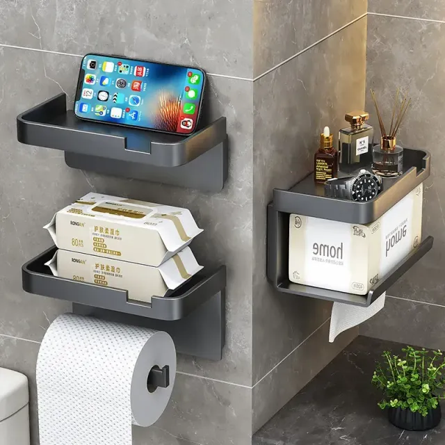 Držiak na stenu toaletného papiera so skladovacím priestorom a zásobníkom na telefón