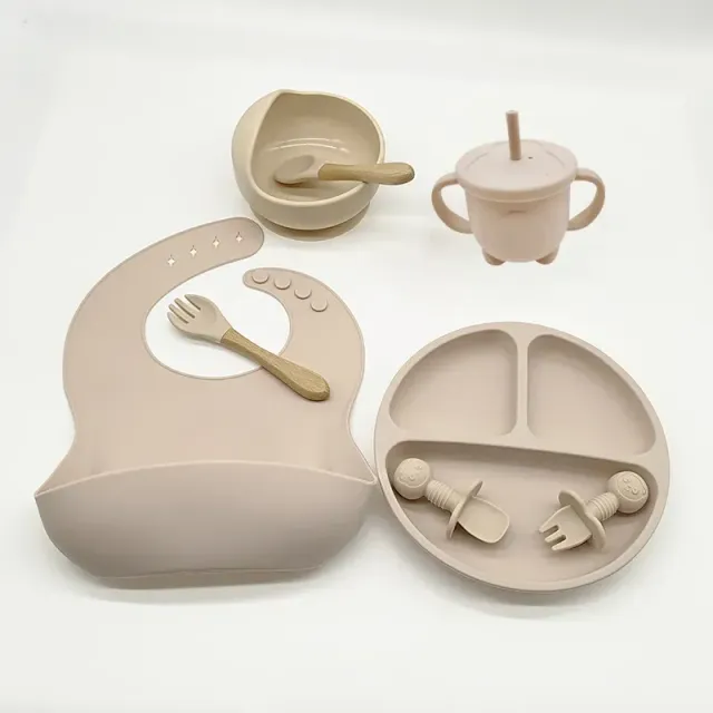 Silicone dining set for children 8 pcs with suction cup - bowl, teaspoon, fork, cup, split plate