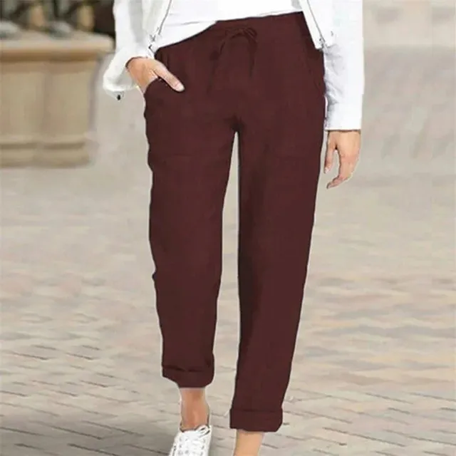 Dámské stahovací kalhoty s vysokým pasem a kapsami - volné a ležérní dlouhé kalhoty pro ženy