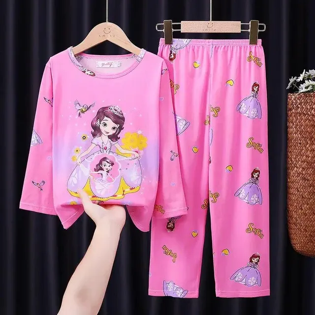 Girls' pajamas with cartoon pattern, round neckline and long sleeve