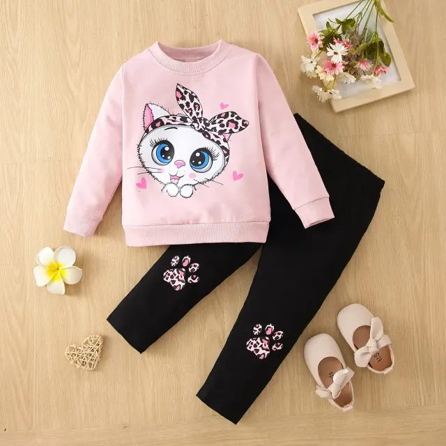 Children's two-piece cotton pajamas with long sleeve and a cat with big eyes for girls