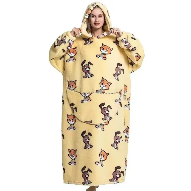 Unisex practical and comfortable TV flannel blanket with hood, pockets, sleeves and cute motif