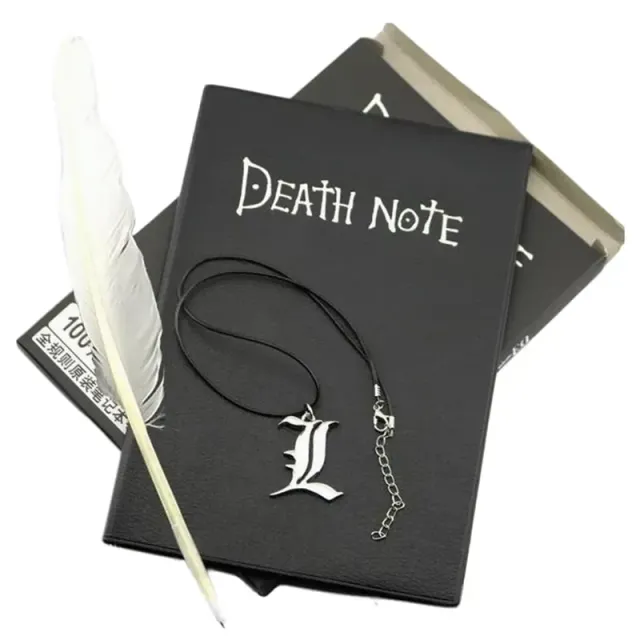 A5 anime notebook in leather with pendant and feathered pen